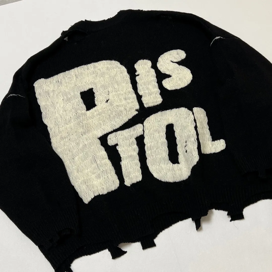 SAINT Mxxxxxx × Sex Pistols SP_CREW KNT/IAMA/BLK SEX PISTOLS band joint model destroyed hand-embroidered sweater, black S-XL, original 85% wool/15% polyester fiber blend, super complex front and rear panels, large-area hand-embroidery, hand-cut destruction treatment, custom-made correct joint main mark/wash mark